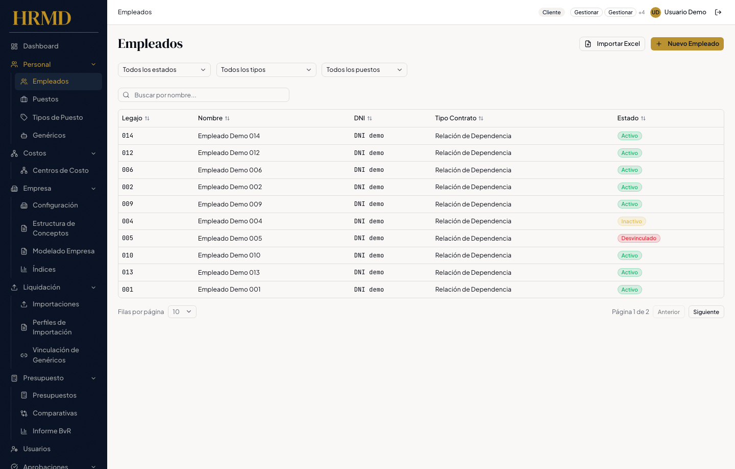 Pantalla de empleados en HRMD